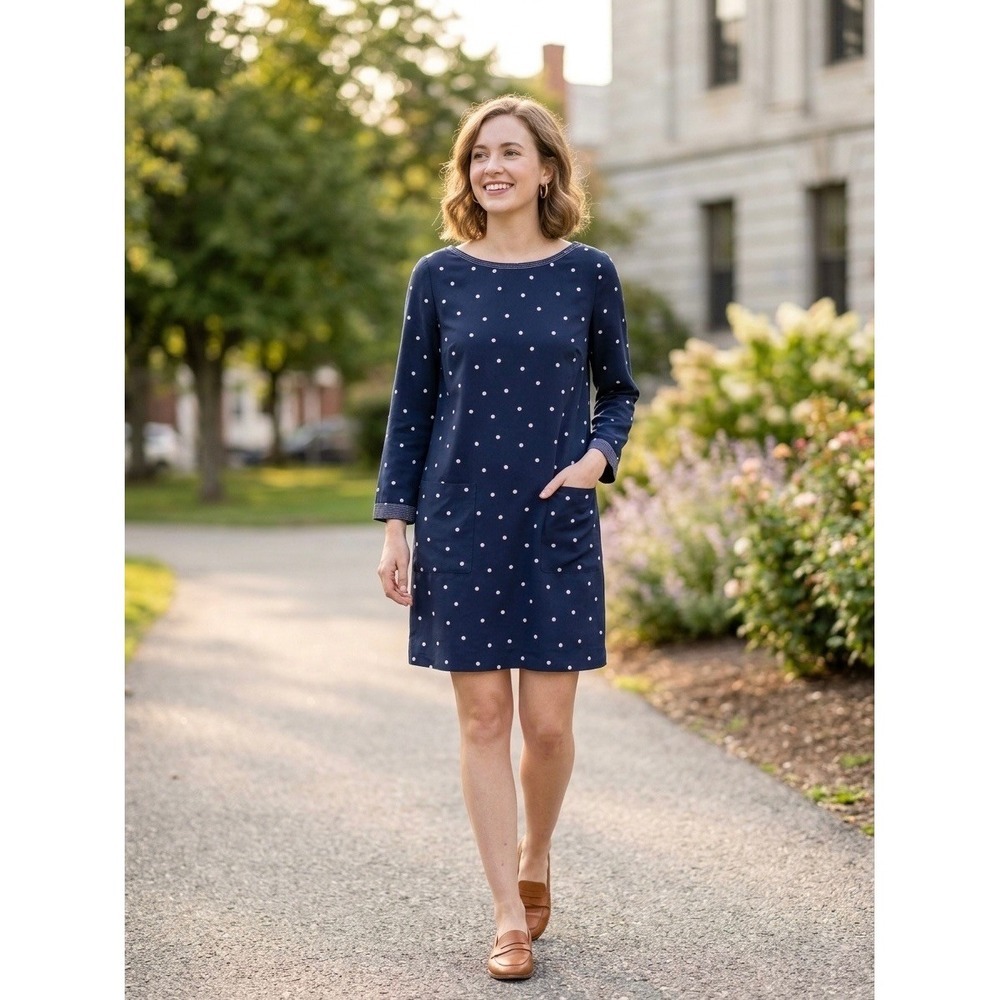 J.Crew Navy Blue Polka Dot 100% Silk Shift Dress with Pockets Size 4